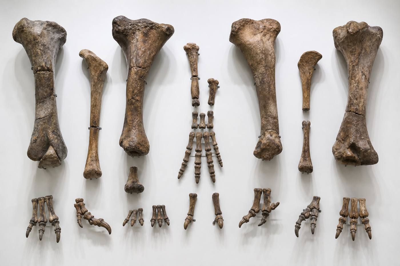 Museum study board of dinosaur limb bones on a white wall