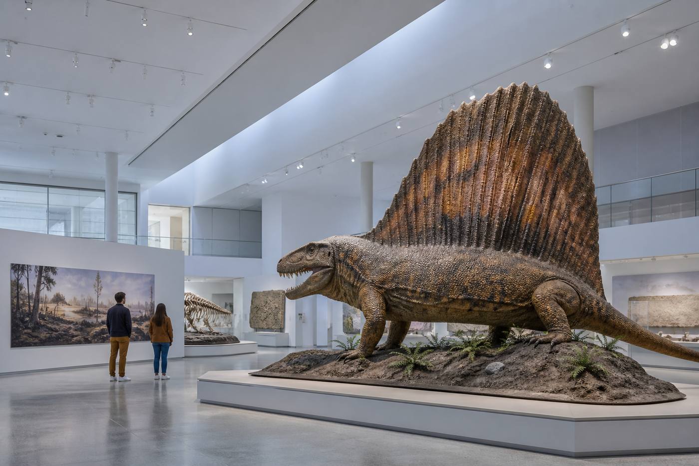 Wide gallery with visitors facing a large prehistoric reconstruction