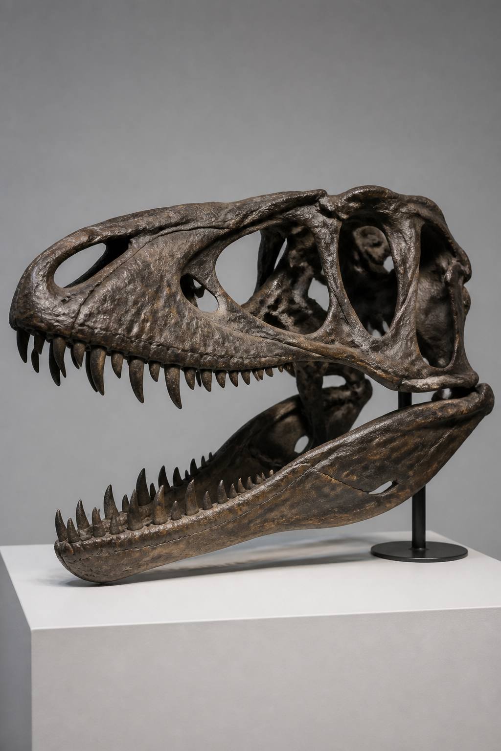 Museum photograph of a dinosaur skull on a white plinth